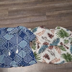 SHEIN Blue Patterned and White Tropical Print Blouses
